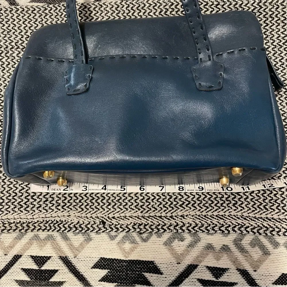 Vintage Ganson Navy Leather Short Handle Tote W/Stitching Detail Bag